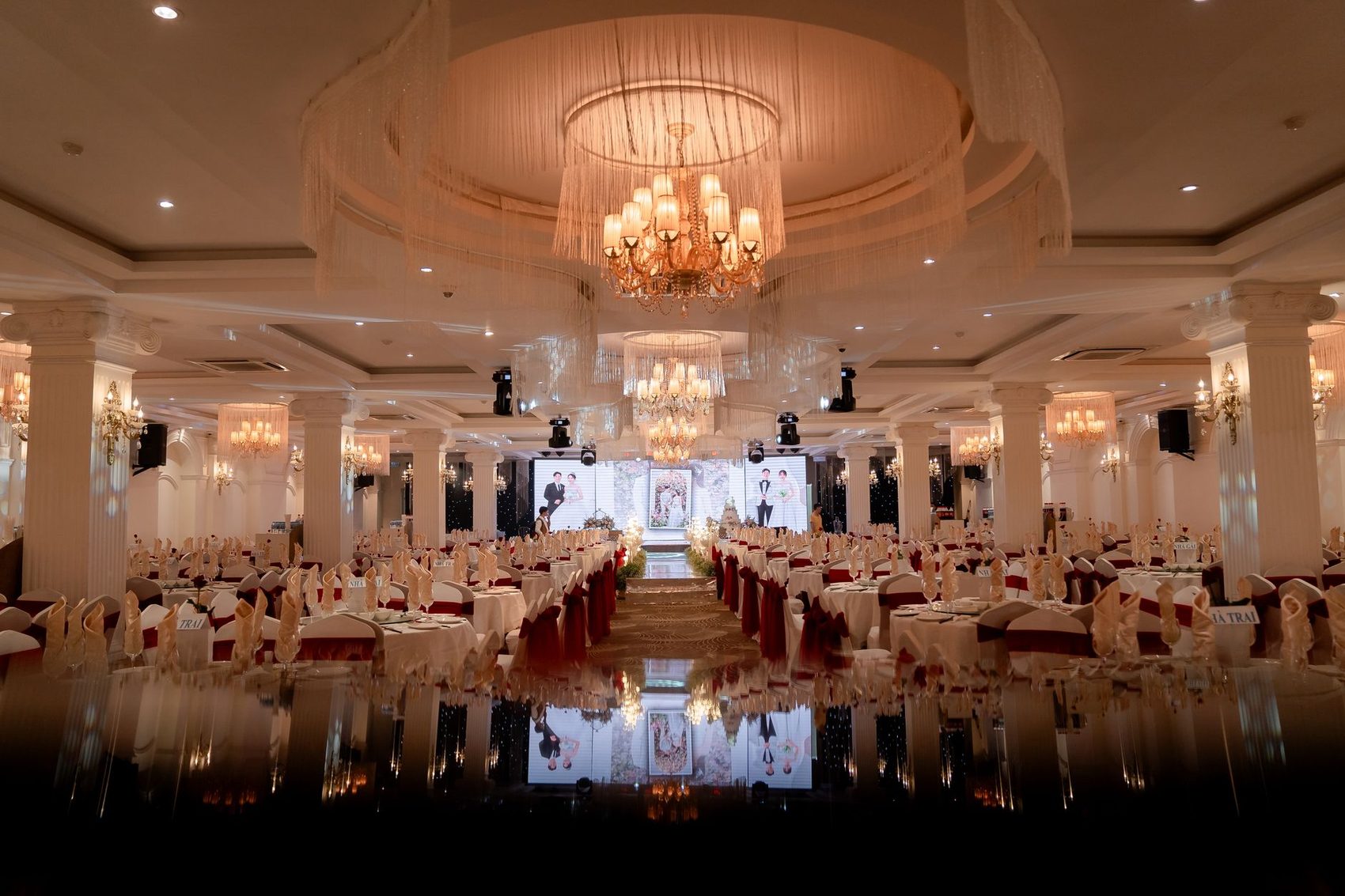 Ballroom set for a wedding reception
